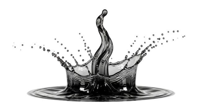 Isolated Black Water Splash Crown with a Column Reaching Upward in Liquid Motion Design