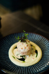 Gourmet dish with meatball in creamy sauce and mashed potatoes
