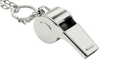 Isolated silver metal sport whistle with ring and chain for referees or coaches use
