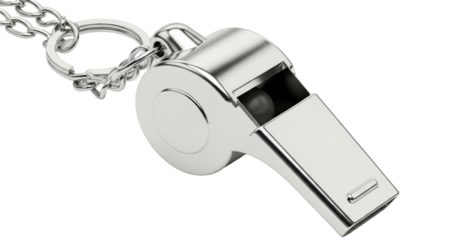 Isolated silver metal sport whistle with ring and chain for referees or coaches use