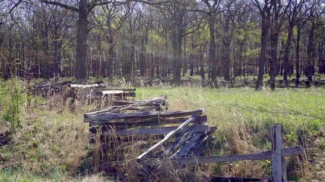 Pea Ridge, Arkansas: Pea Ridge National Military Park, battlefield of US Civil War Battle of Pea Ridge. Split rail fence with tall grass and treeline.