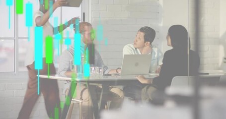 Woman entering meeting showing tablet to team activating candlestick chart for financial analysis - Powered by Adobe