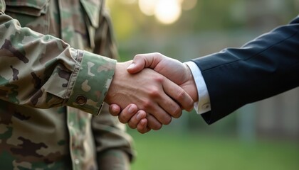 Military service member in camo uniform shakes hands with person in business suit. Handshake strong partnership, support, agreement, welcome for veterans. Represents positive collaboration between