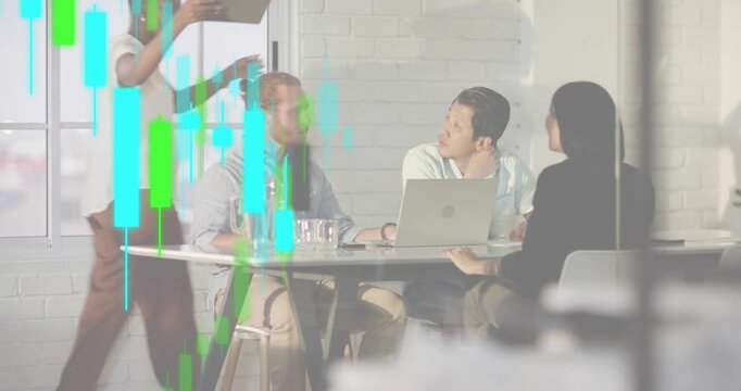 Woman entering meeting showing tablet to team activating candlestick chart for financial analysis - Powered by Adobe