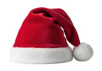 Classic red santa claus hat with white fluffy trim and pom-pom festive christmas accessory isolated on white background