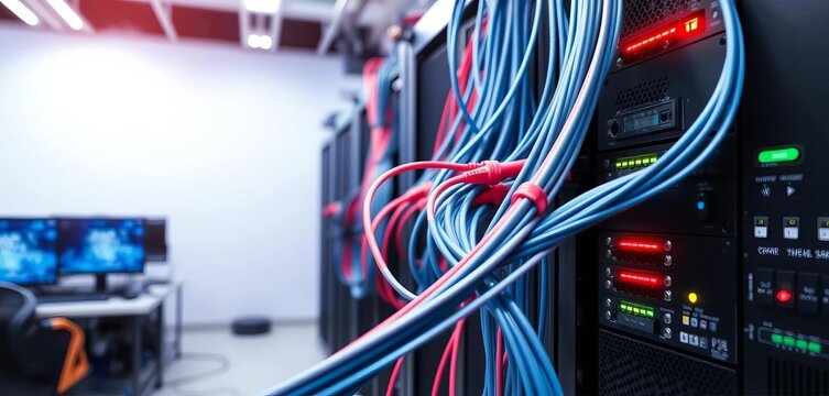 Network cables connecting servers and computers in a server room, web, information technology