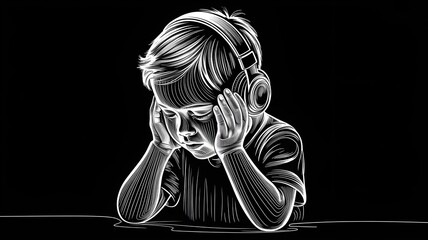 Autistic child boy wearing headphones in white line art style with expressive lighting on black background representing sensory processing and sound hypersensitivity