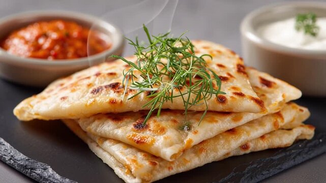 Delicious Flatbread with Dips: A stack of golden, freshly baked flatbreads is presented alongside two small bowls brimming with vibrant, flavorful dips, garnished with fresh herbs.
