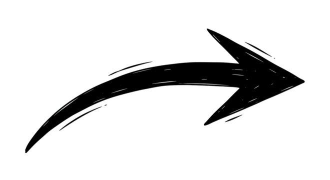 Hand drawn style white arrow pointing right direction isolated on isolated on transparent background