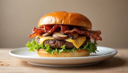Delicious beef burger with melted cheese, crispy bacon, sauteed mushrooms on toasted bun with fresh green lettuce. Hearty meal sits on white plate on wooden table, ready to eat, perfect American
