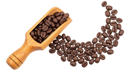 Obraz premium Isolated coffee beans in wooden scoop spilled on surface to create crescent shape pattern