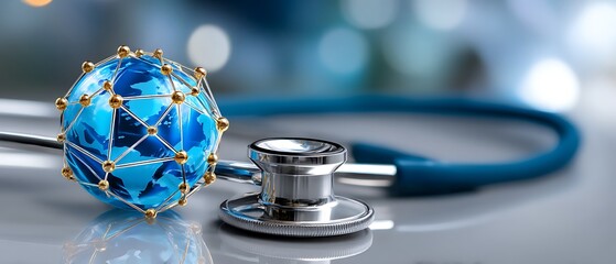 Blue globe model with stethoscope symbolizing global healthcare and medical technology