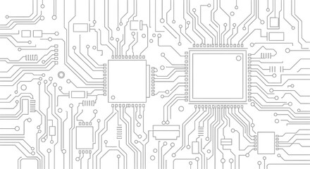Detailed black and white illustration of a complex circuit board with chips and connections shown