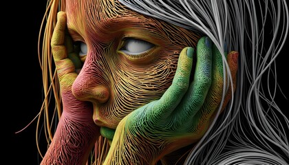 Neurodivergent kid girl in rainbow line textures resting face in hands representing sensory overload and internalized emotion in colorful artistic neurodiversity portrait