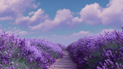 Obraz premium A pathway meanders through vibrant fields of purple flowers under a tranquil blue sky adorned with fluffy, pale clouds.
