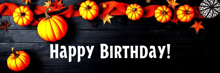 Happy birthday celebration with pumpkins and autumn leaves on a dark wooden background - High Contrast