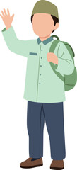 A Muslim boy in a light green outfit and cap, carrying a backpack and waving, perfect for educational and school themes