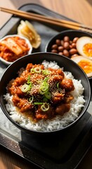 Delicious and Flavorful Korean Chicken Rice Bowl with Kimchi and Pickles Garnished with Spring Onions