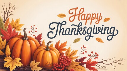 Fototapeta premium Festive autumn thanksgiving greeting with pumpkins and colorful leaves