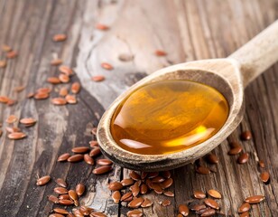 Golden oil in a wooden spoon, surrounded by flax seeds