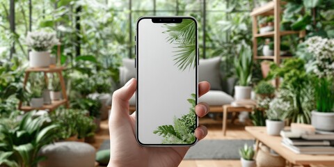 A hand holds a smart device with a blank screen, framed by lush green plants in a light-filled room