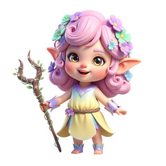 Fototapeta premium Adorable cute little fairy girl character holding a magical staff with flowers and greenery isolated on transparent background
