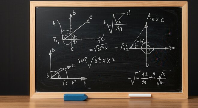 Mathematical formulas drawn on classroom blackboard