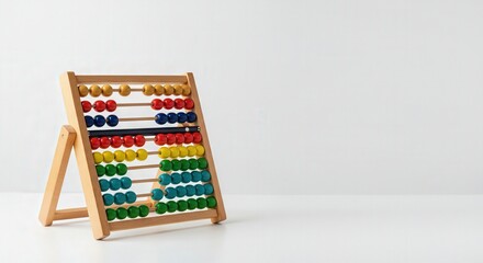 Wooden abacus with colorful beads on white surface