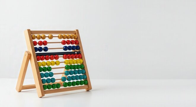 Wooden abacus with colorful beads on white surface - Powered by Adobe