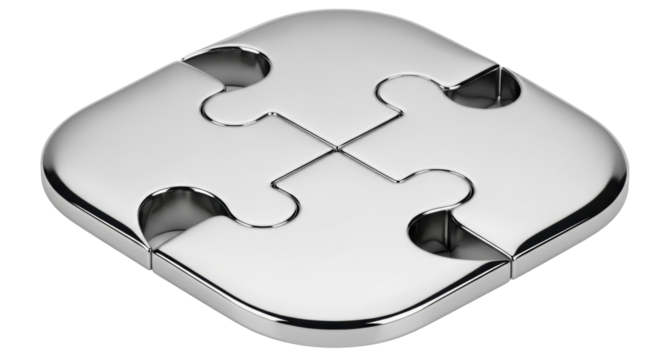 Isolated silver metallic jigsaw puzzle complete, connection concept, problem solving