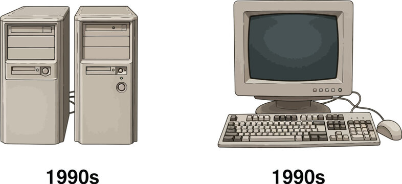 Illustrated depiction of desktop computers and towers from the nineties era on a white background