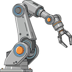 A gray robotic arm with orange accents is isolated on a white background in a cartoon illustration