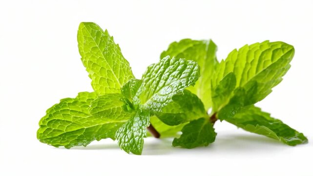 Fresh green mint leaves with visible texture and details, natural photo style, isolated on clean white background, concept of freshness and herbs