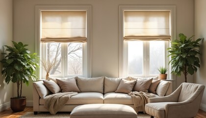 Obraz premium Interior living room scene featuring a plush sofa, two tall potted plants flanking large windows with roman shades, creating a serene and airy ambiance. Neutral tones dominate the space.