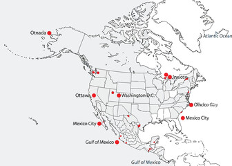 North america map with cities ottawa washington d c and mexico city marked with red dots and city names