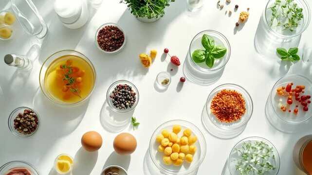 Colorful food ingredients arranged on a white surface for cooking.