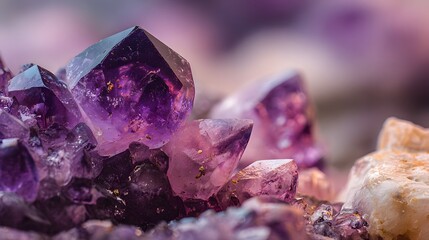 Fototapeta premium Detailed reveals stunning purple amethyst crystals in soft focus, displaying a beautiful display of natural light and texture.