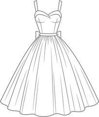 Line drawing of a sleeveless dress with a sweetheart neckline and a bow at the waistline area