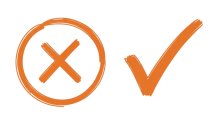 Orange check mark and cross sign hand drawn style approval and rejection concepts isolated on transparent background