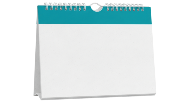 Isolated teal spiral bound blank desk calendar ready for mockups in a studio or home office