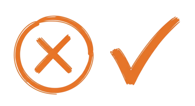 Orange check mark and cross sign hand drawn style approval and rejection concepts isolated on transparent background