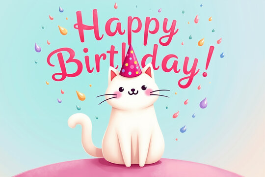 A white cat with a party hat sits on a pink surface, surrounded by colorful confetti and Happy Birthday! text.