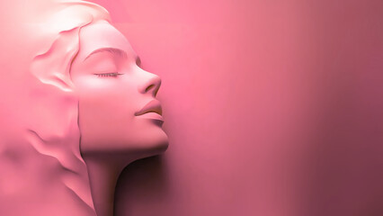 Minimal 3D female face in profile on soft pink background with wide copy space for beauty ads
