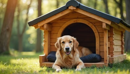 Golden retriever dog rests in a wooden dog house outdoors. The happy pet relaxes on a bed in a cozy shelter on a sunny day. This adorable animal enjoys its comfortable home.