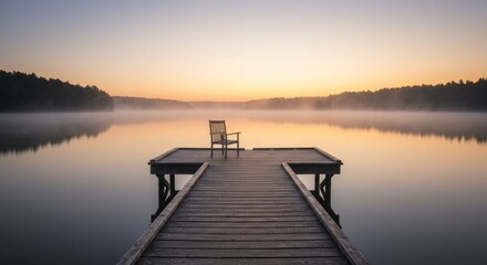 Fototapeta premium Wooden pier extends towards a calm lake at sunrise, with a single chair positioned on the end, shrouded in early morning mist and reflecting a warm glow of golden colors 