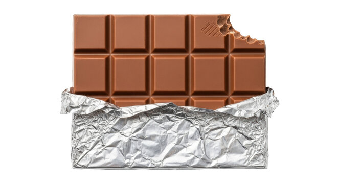 Isolated milk chocolate bar unwrapped, bite taken with aluminum foil wrapper packaging