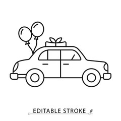A wedding car icon in a minimalist line style with editable stroke. Marriage celebration transport, honeymoon trip vehicle, just married auto, party decoration, romantic journey symbol.