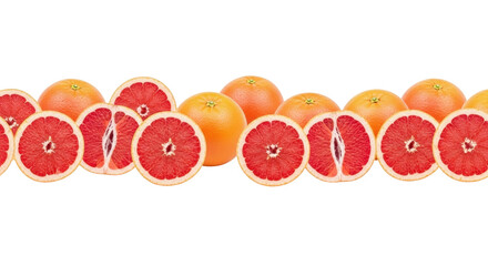 Isolated line of juicy red grapefruit halves, and whole orange grapefruits on a clean surface