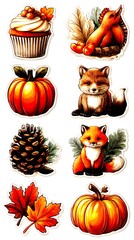 Autumn themed stickers featuring animals, pumpkins, and seasonal elements in a vibrant design - High Contrast