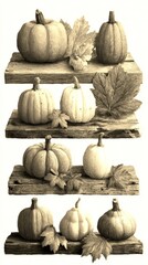 autumn pumpkins and leaves displayed on rustic wooden shelves in seasonal arrangement